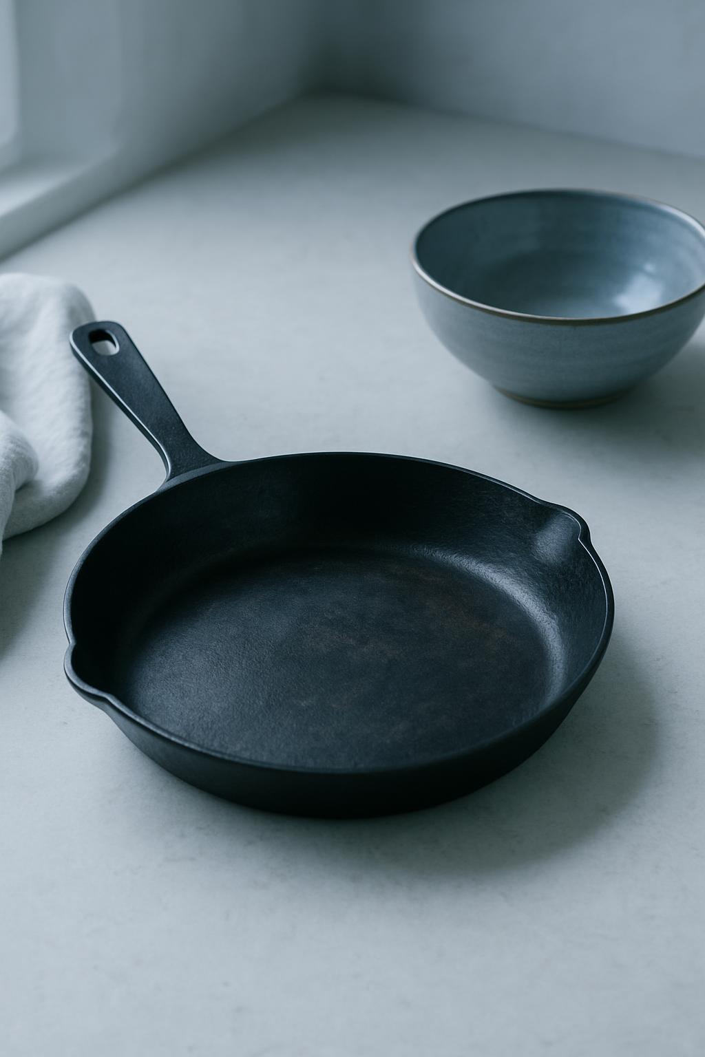 Seasoned skillet and glazed stoneware bowl on a limestone counter